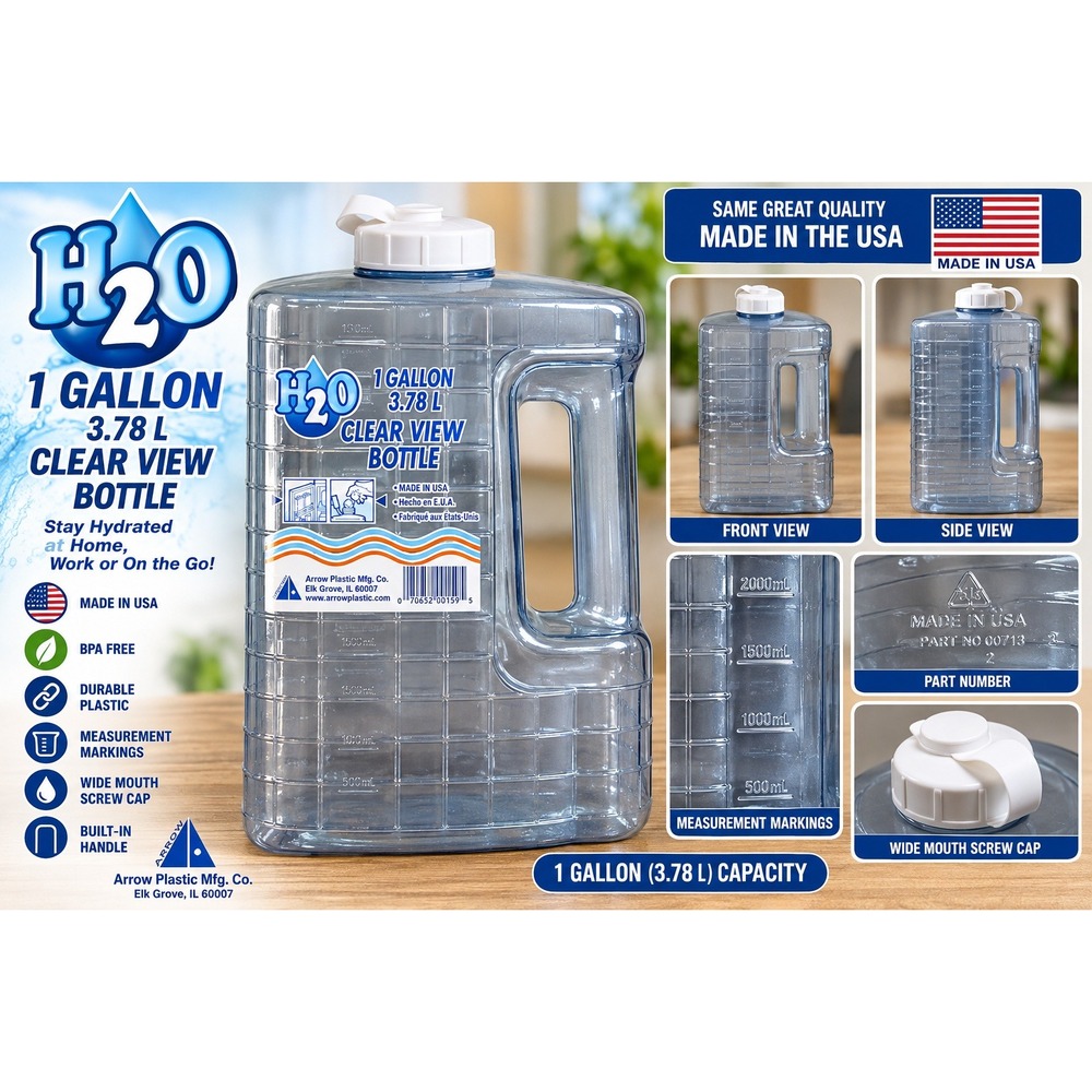 Arrow Plastic H2O Clear View 1 Gallon Water Bottle Blue BPA Free Made in USA